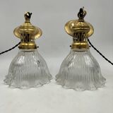 Pair of holophane glass pendants