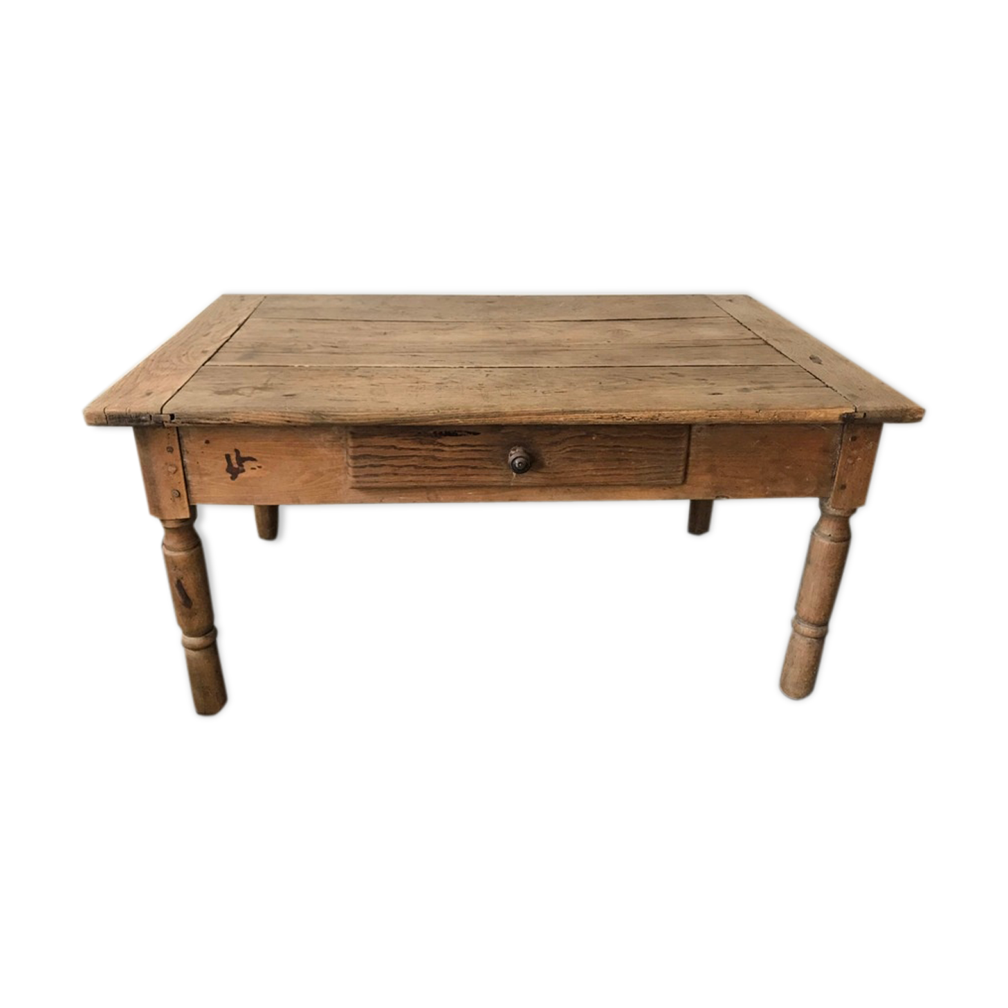 Rustic farm coffee table turned feet with 1 1930 drawer