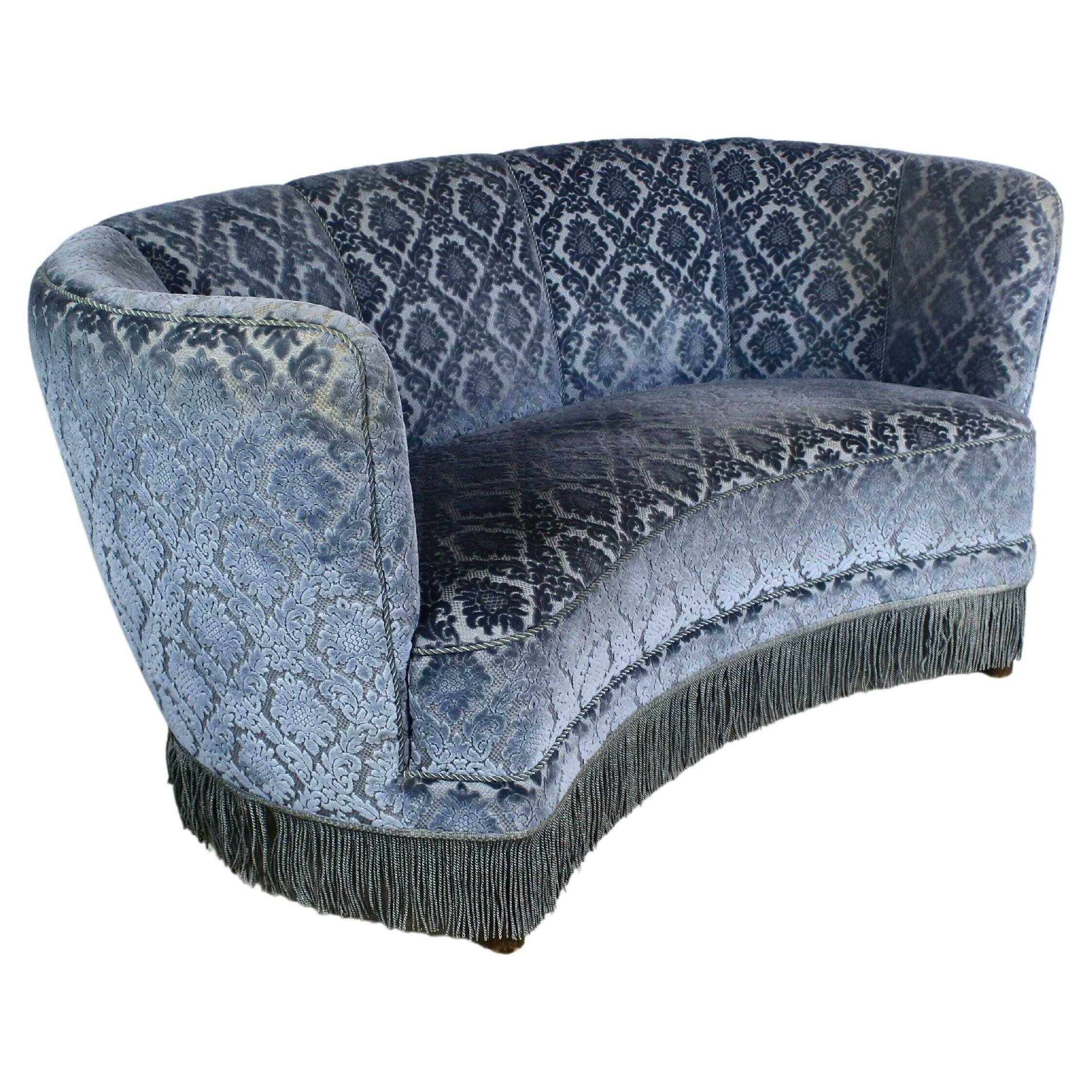 Art deco blue velvet banana sofa, denmark 1950s
