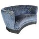 Art deco blue velvet banana sofa, denmark 1950s