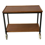 Vintage wooden and metal serving trolley on wheels with double tray