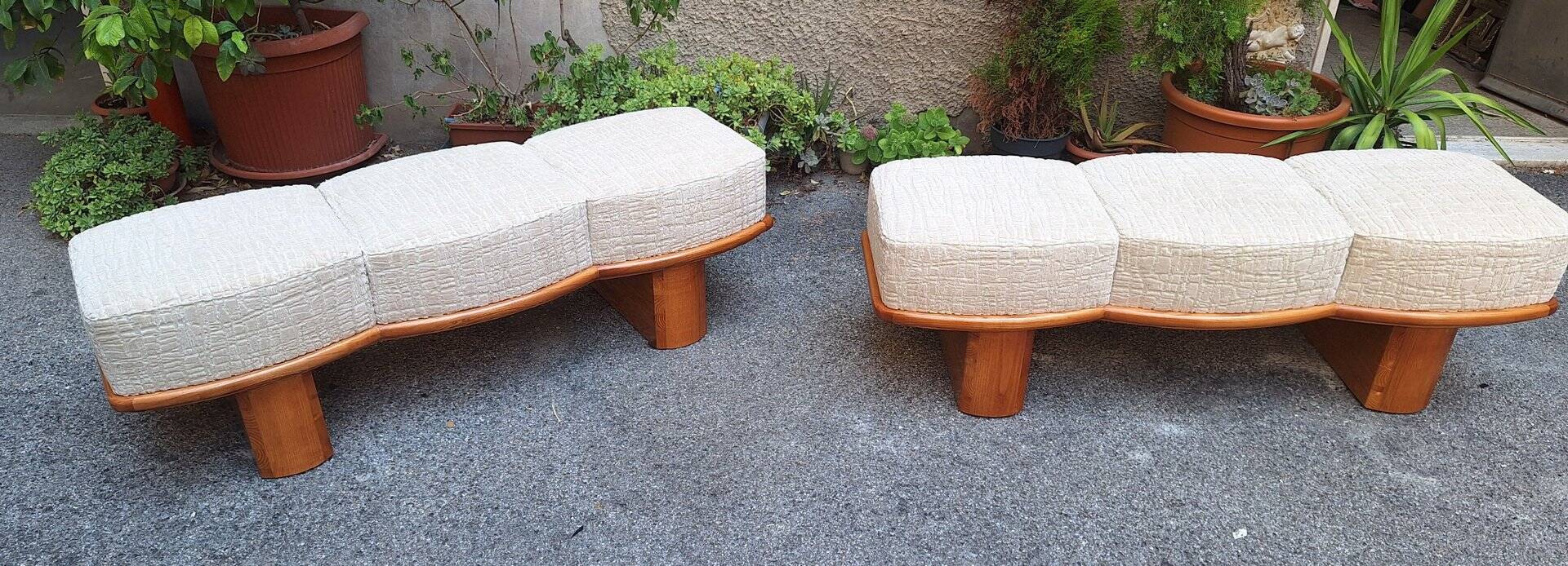 Three-Seater Benches in Sinuous Light Wood and Dedar Fabric, 2000s, Set of 2