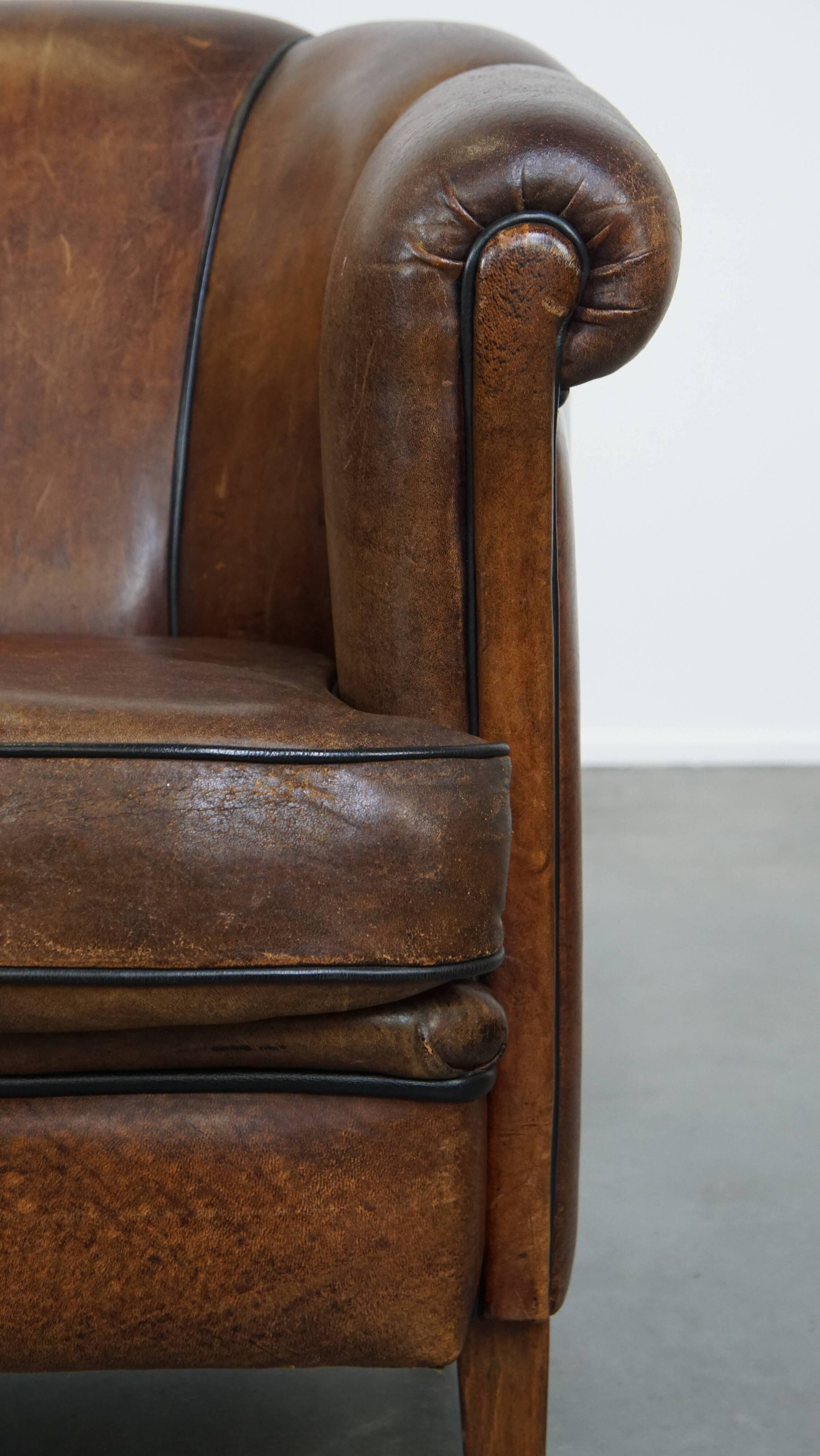 Dark Sheepskin Leather Club Chair with Black Piping