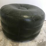 Pouf cuir vert vintage 1970