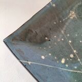 Square turquoise glazed stoneware dish, abstract floral decoration, signed.