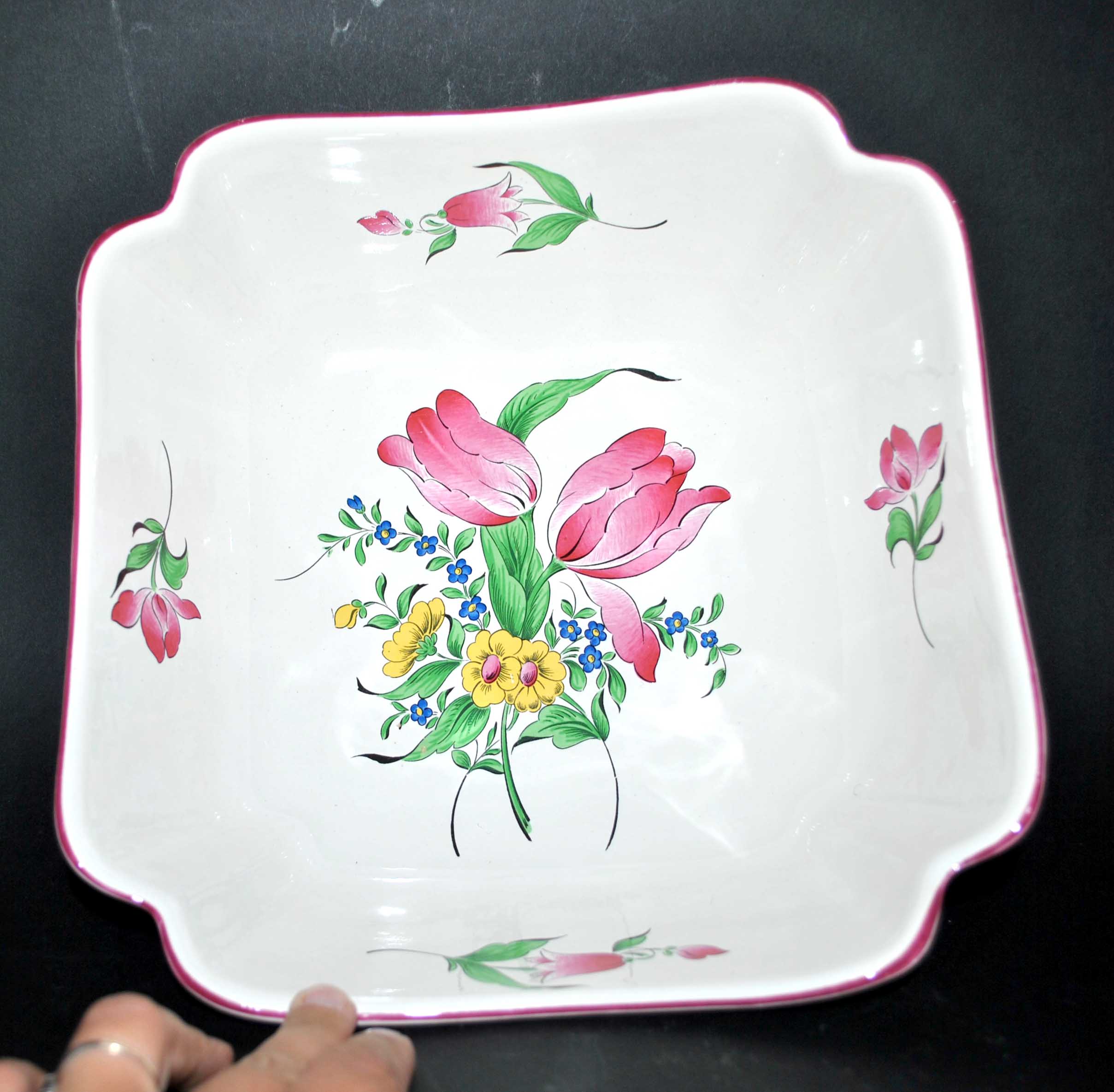 Salad bowl square cut floral vintage earthenware KG LUNEVILLE model Lamppost polychrome