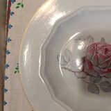 Set of 4 HBCM Creil et Montereau Pastel blue soup plates with pink pattern