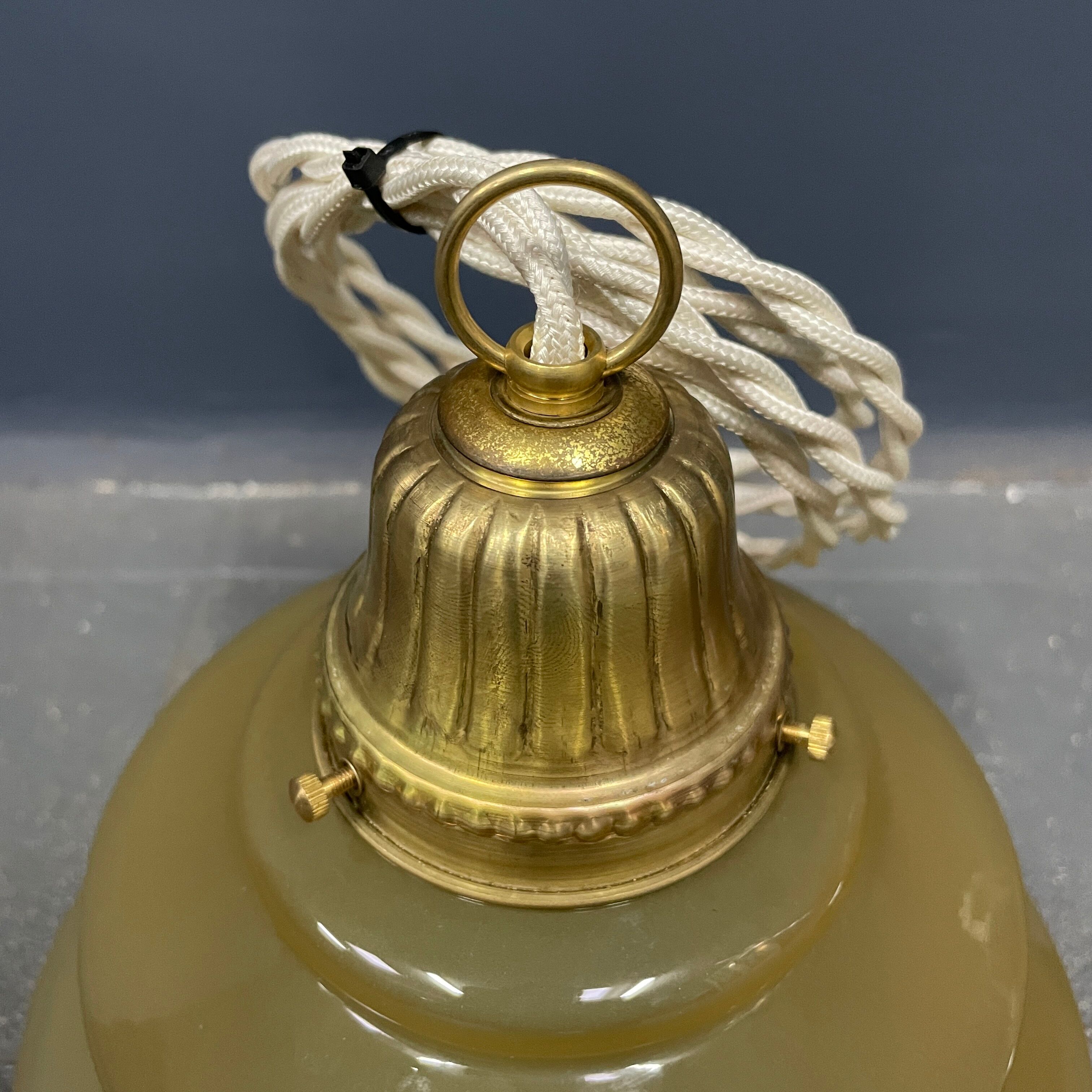 Vintage ocher glass hanging lamps with brass gallery