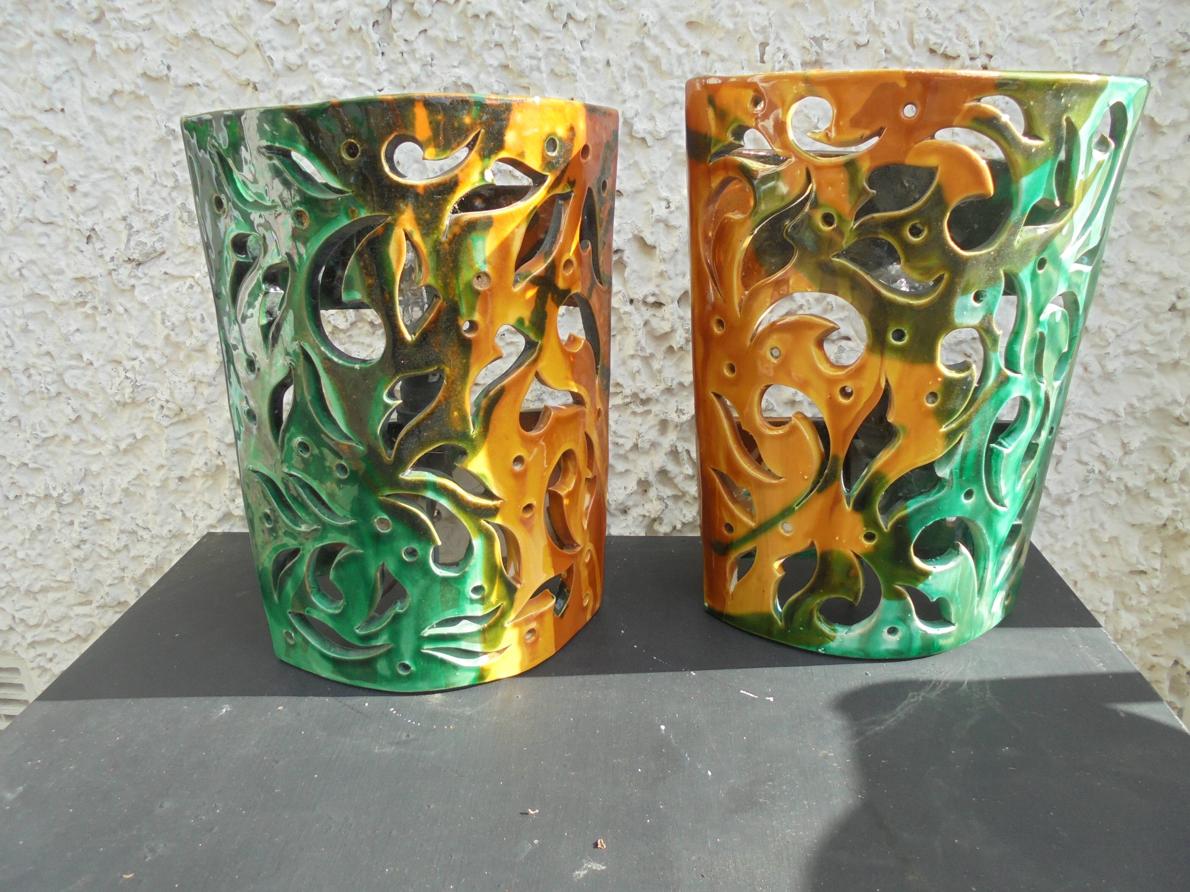 Pair of ceramic wall lights in Vallauris style, Brunin.