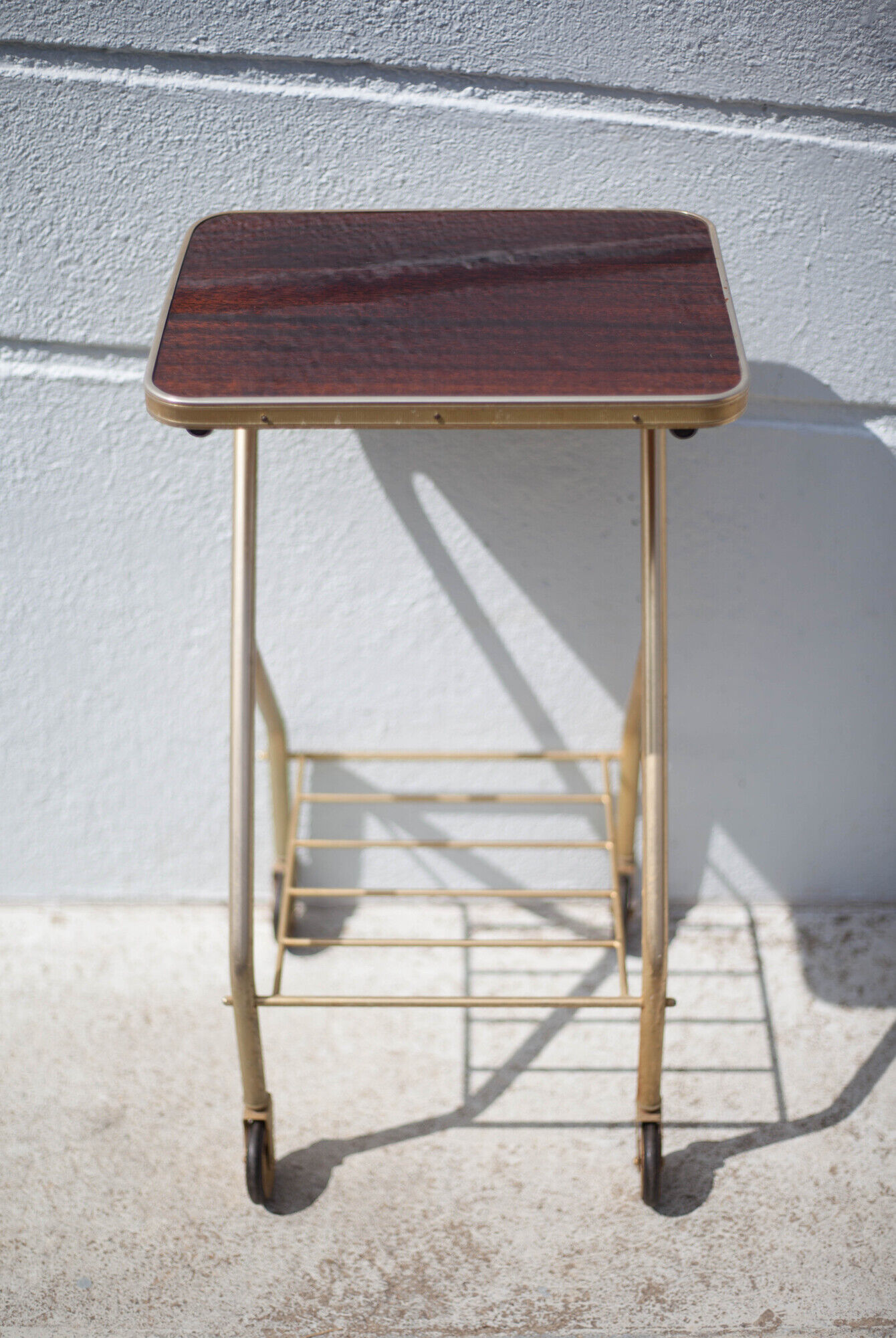 Metal wheeled tray with formica top, vintage wheeled cabinet, vintage side table
