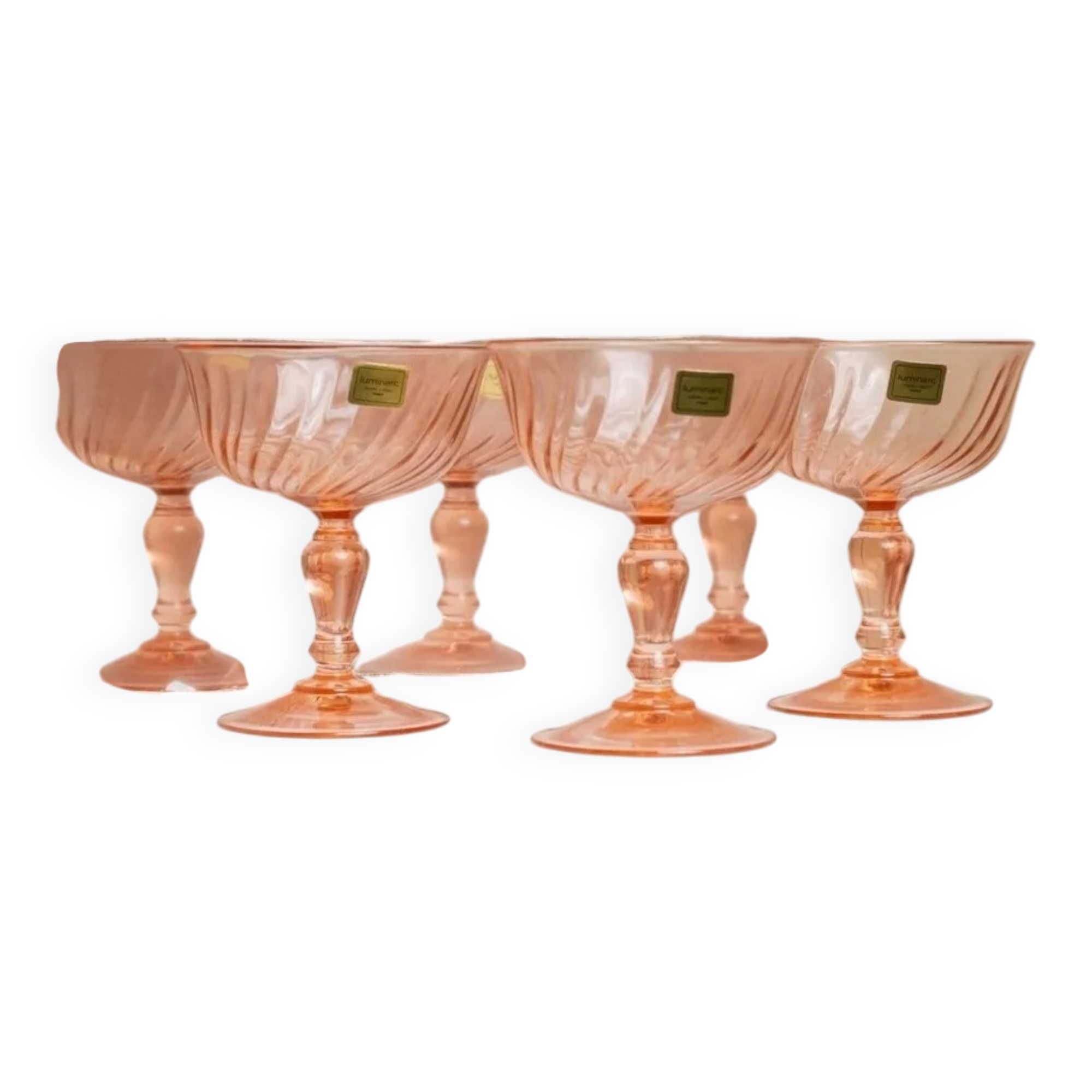 Set of 6 apricot Luminarc Rosaline coupe martini glasses in glass – vintage 1970s France with packaging