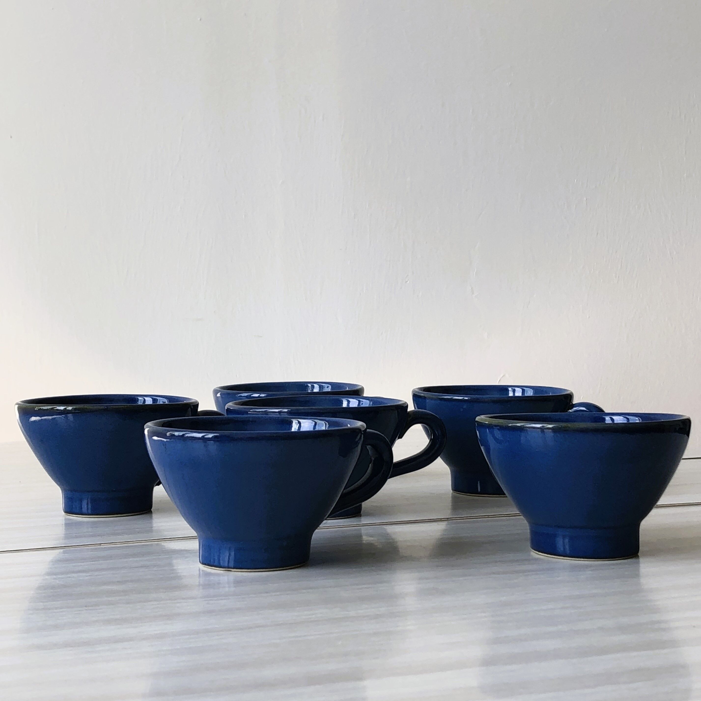 Set of 6 cups in handcrafted blue glazed stoneware