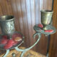 Vintage brass candelabrum engraved with three lights and a snuffer.