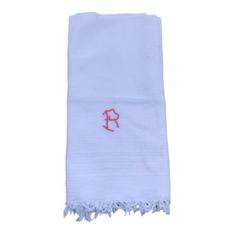 Serviette en nid d'abeille en coton blanc monogramme R brode au fil rouge