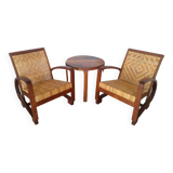 Pair of Art Deco woven rattan armchairs and table