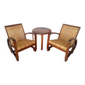 Paire fauteuils et table bois rotin tressé Art Déco