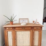 Buffet 3 portes vintage classique bois et raphia
