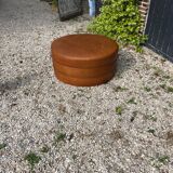 Large round cognac leather pouf