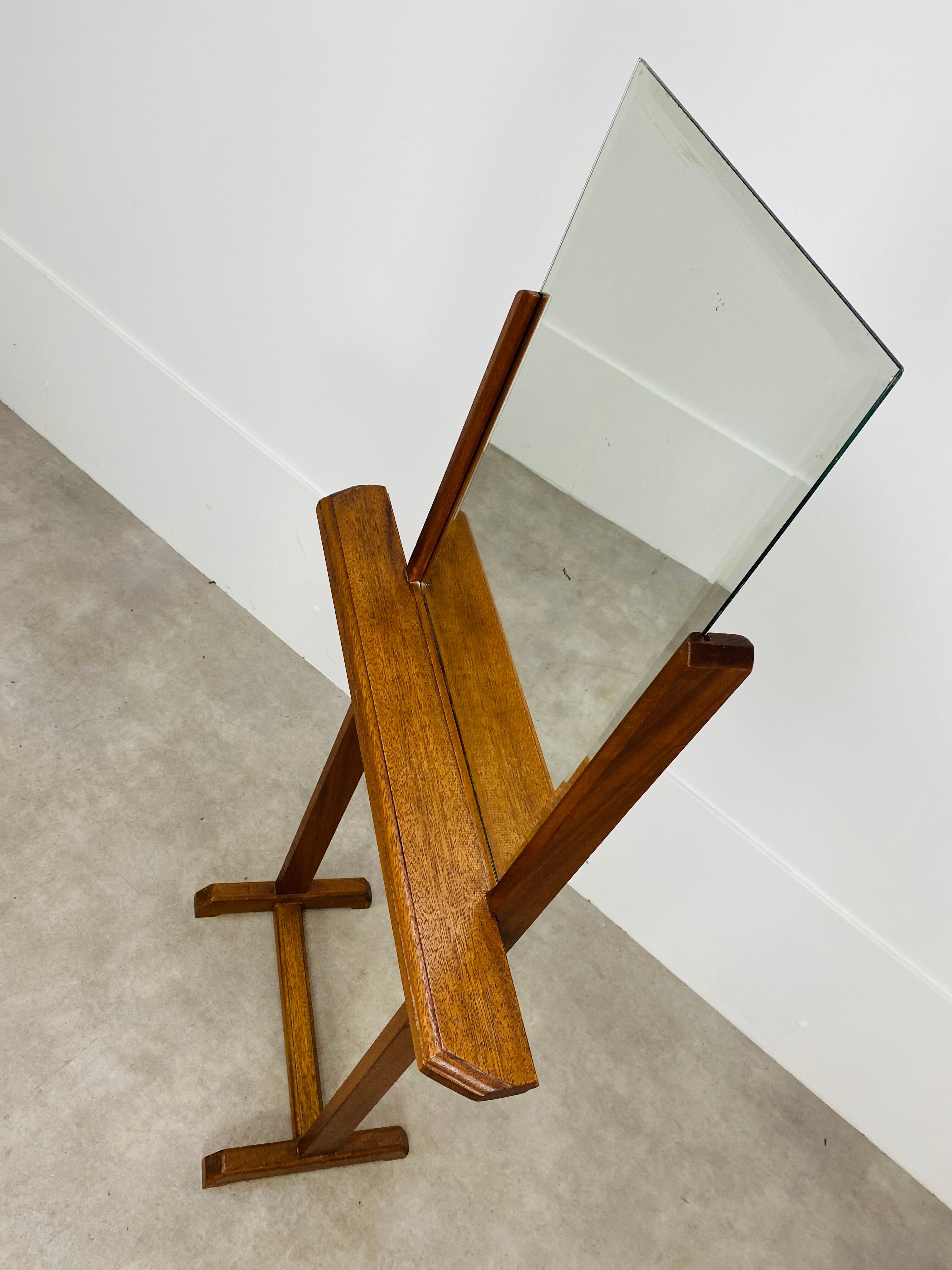 Beveled mirror on oak stand 40s