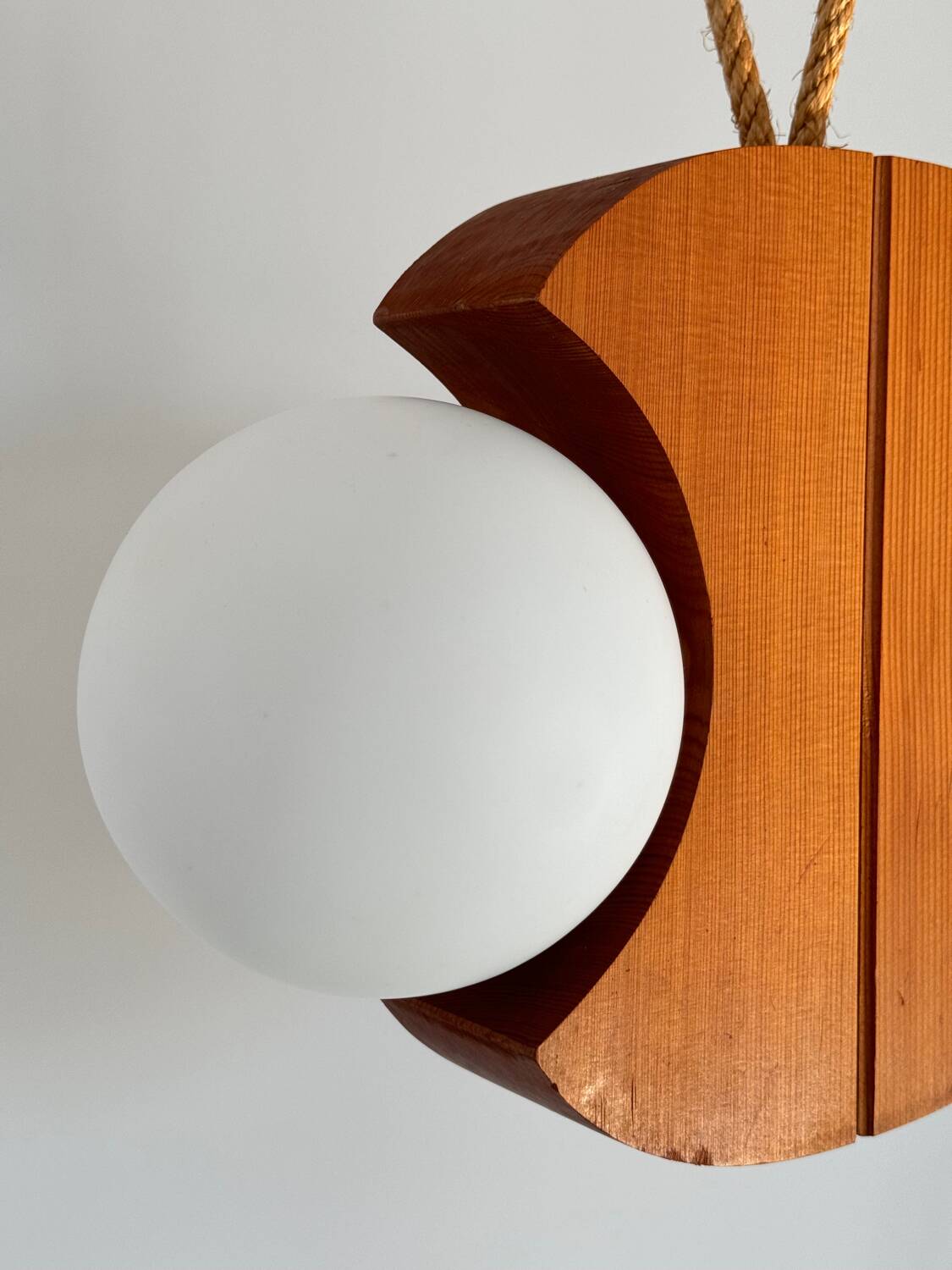 Scandinavian design chandelier pendant, rope, opaline and pine, from the 1980s