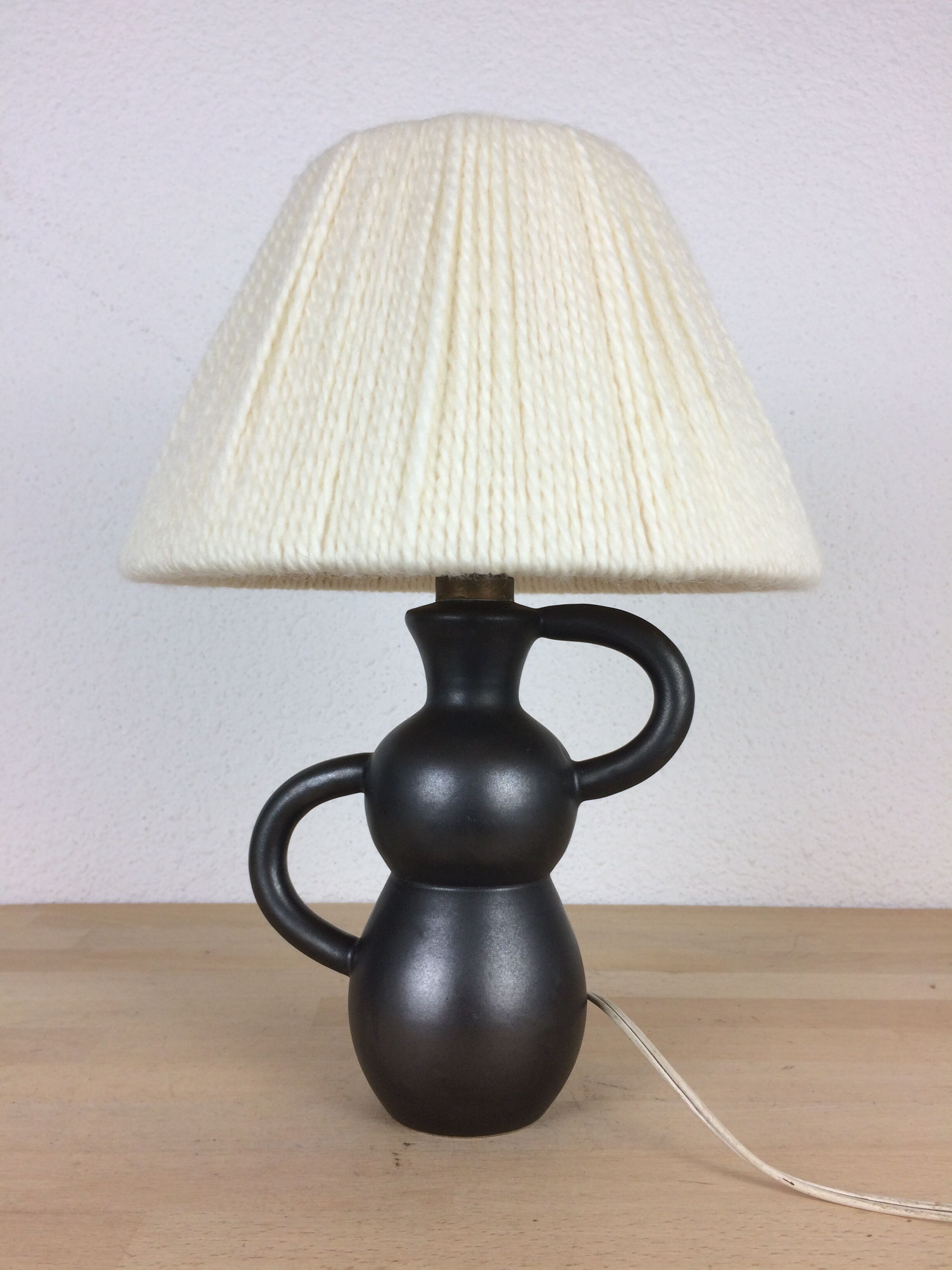 Black ceramic lamp Henri Chatard, 50s, wool lampshade