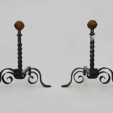 Large pair of wrought iron and brass ball fireplace andirons. 19th century