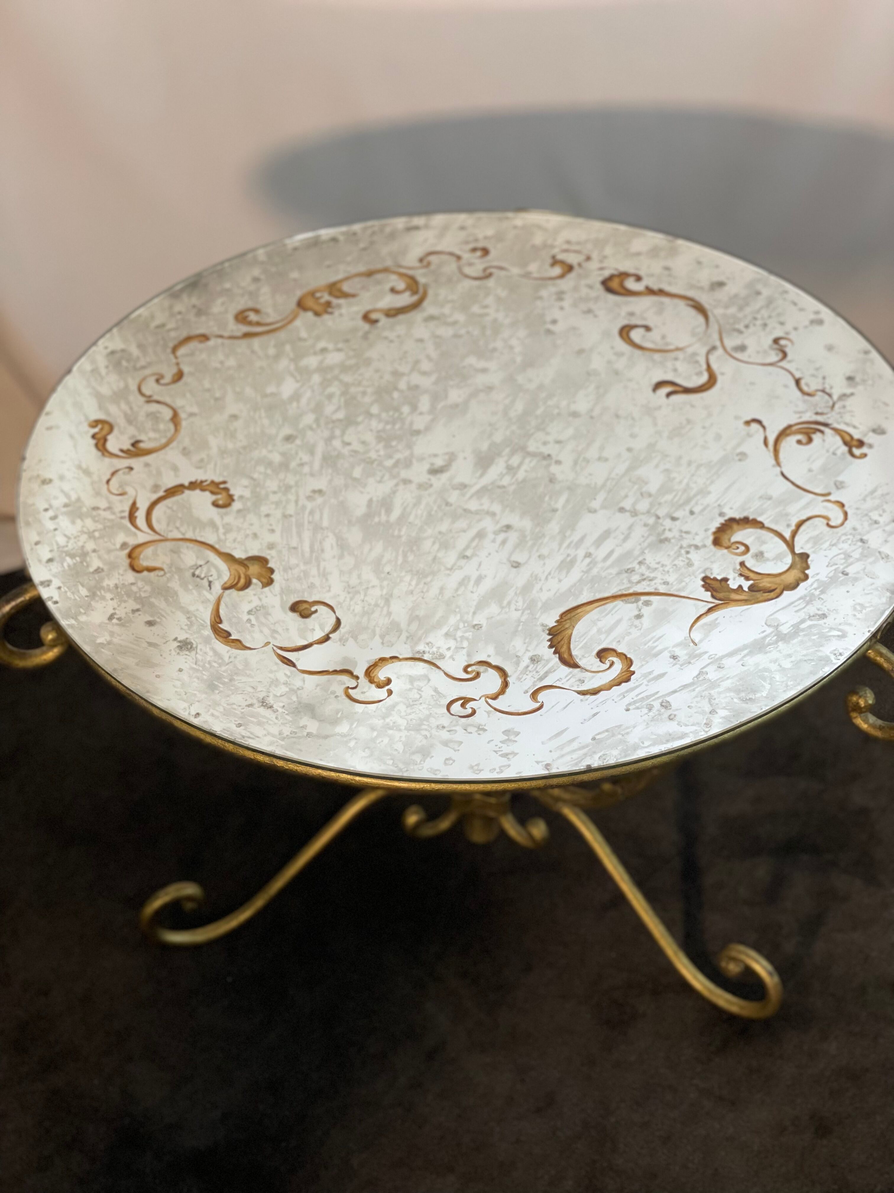 Round coffee table base in gilded wrought iron beautiful top enamelled glass 50s