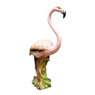 Statue vintage italienne en céramique Flamant Rose style Belle Epoque Majolique