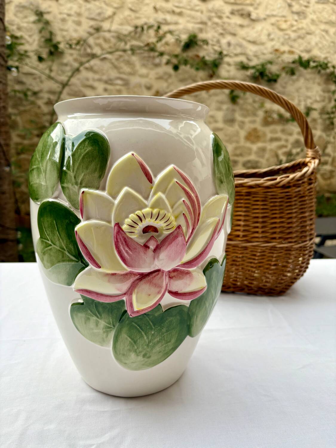 Large lotus or water lily barbotine vase