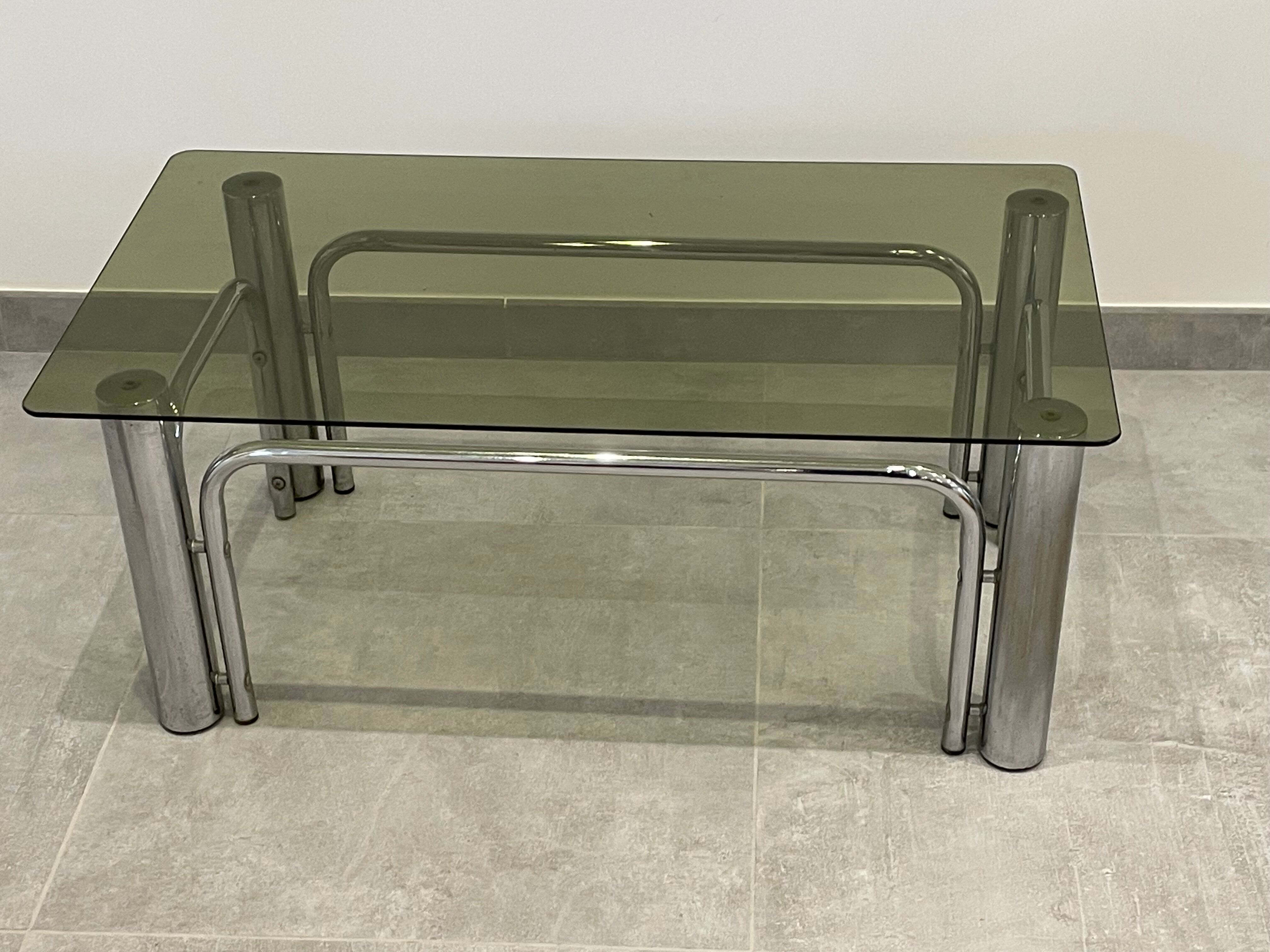 Table basse inox et verre fumé design 1970/80