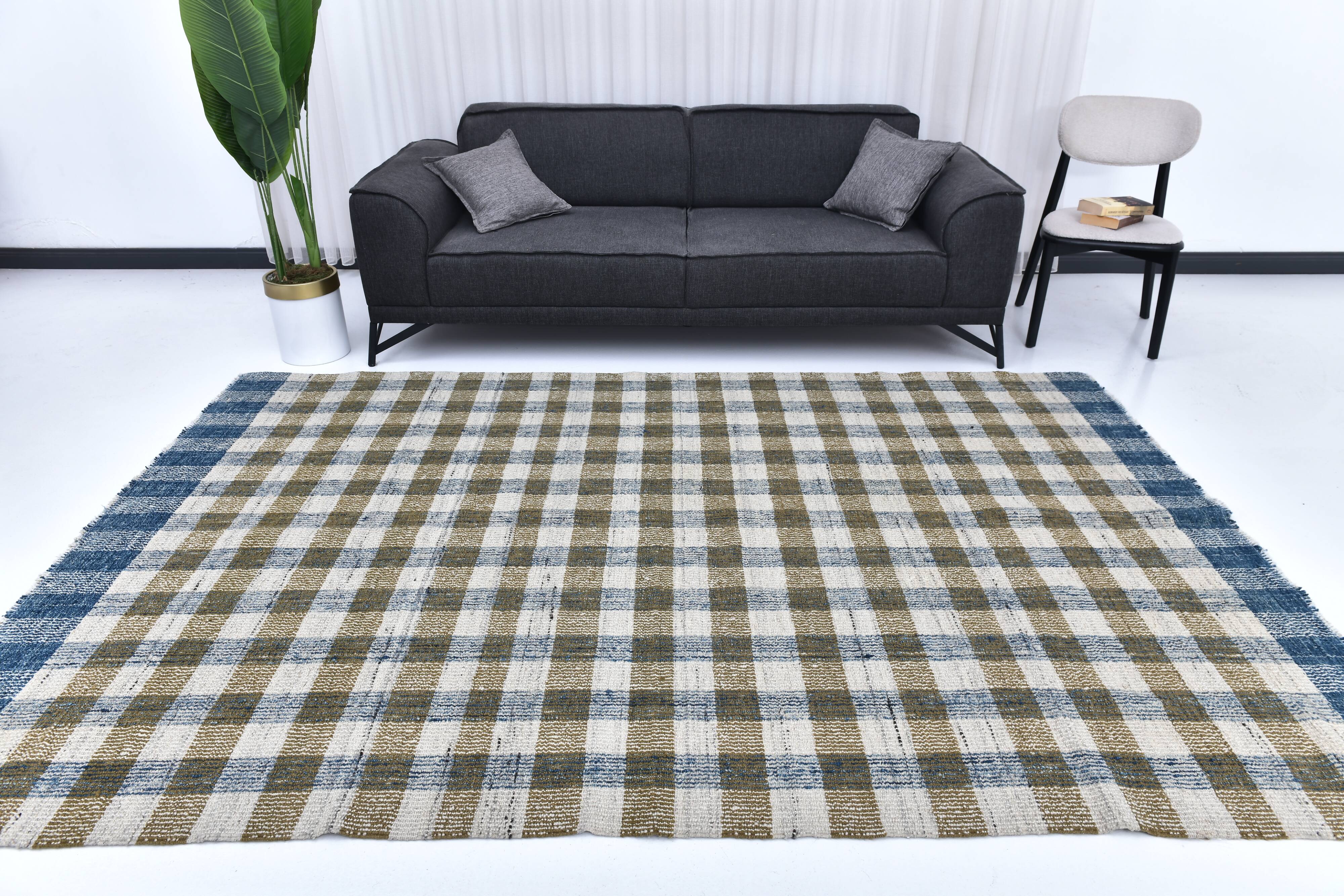 scandinavian kilim 290x190 cm , blue beige and  mustard colour.