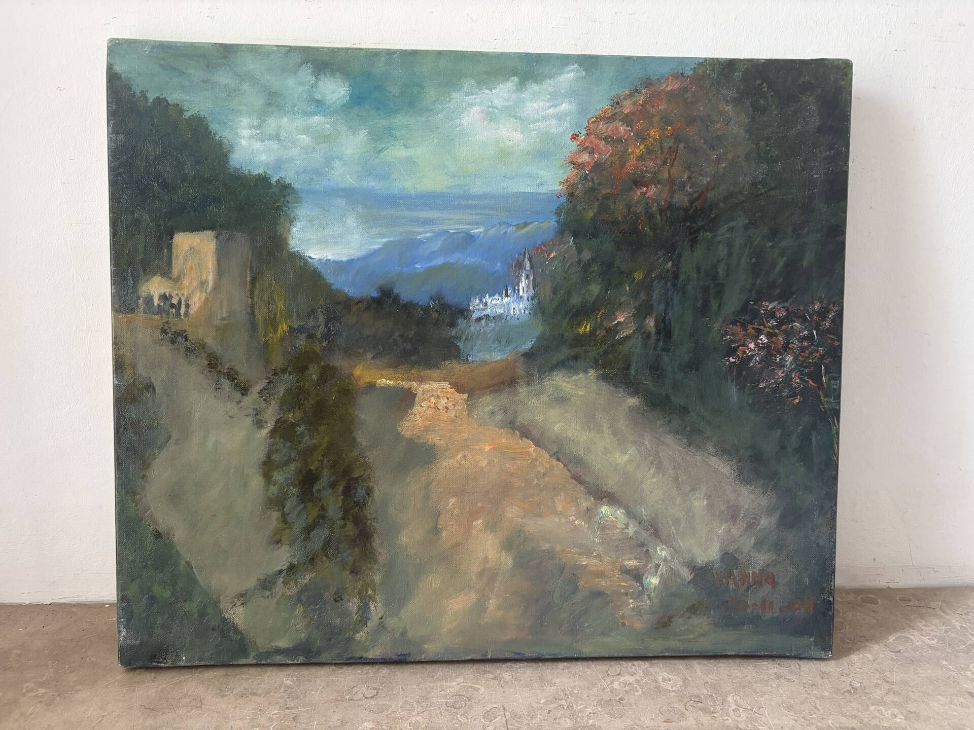 The distant castle, oil on canvas signed