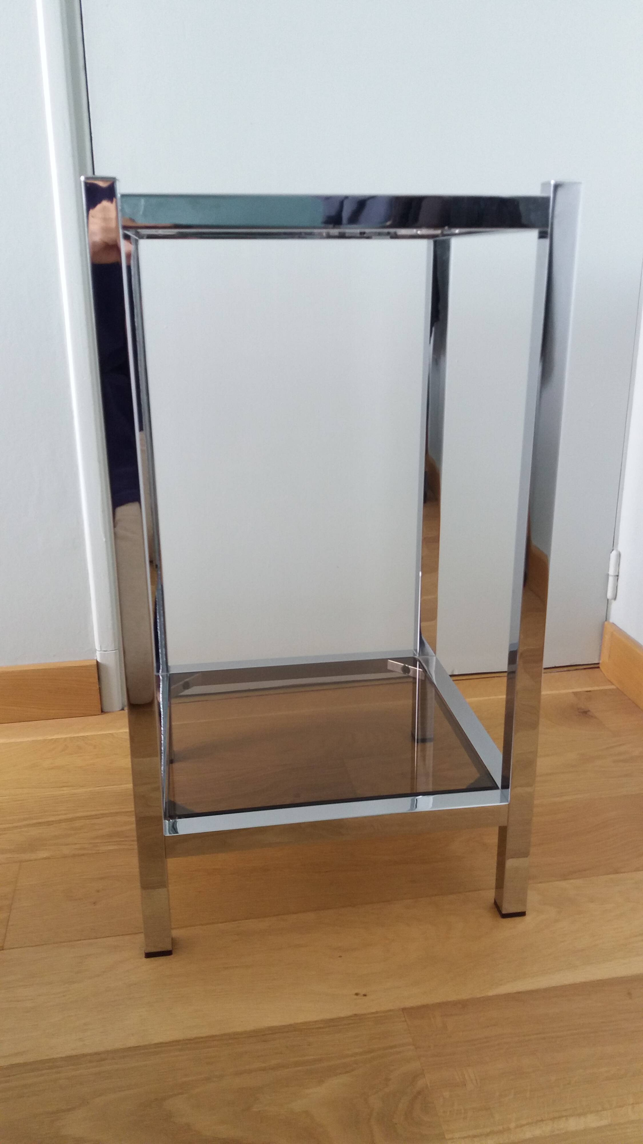Chrome metal and smoked glass console