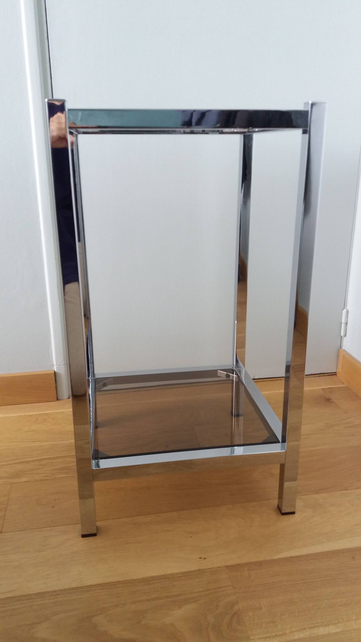 Chrome metal and smoked glass console