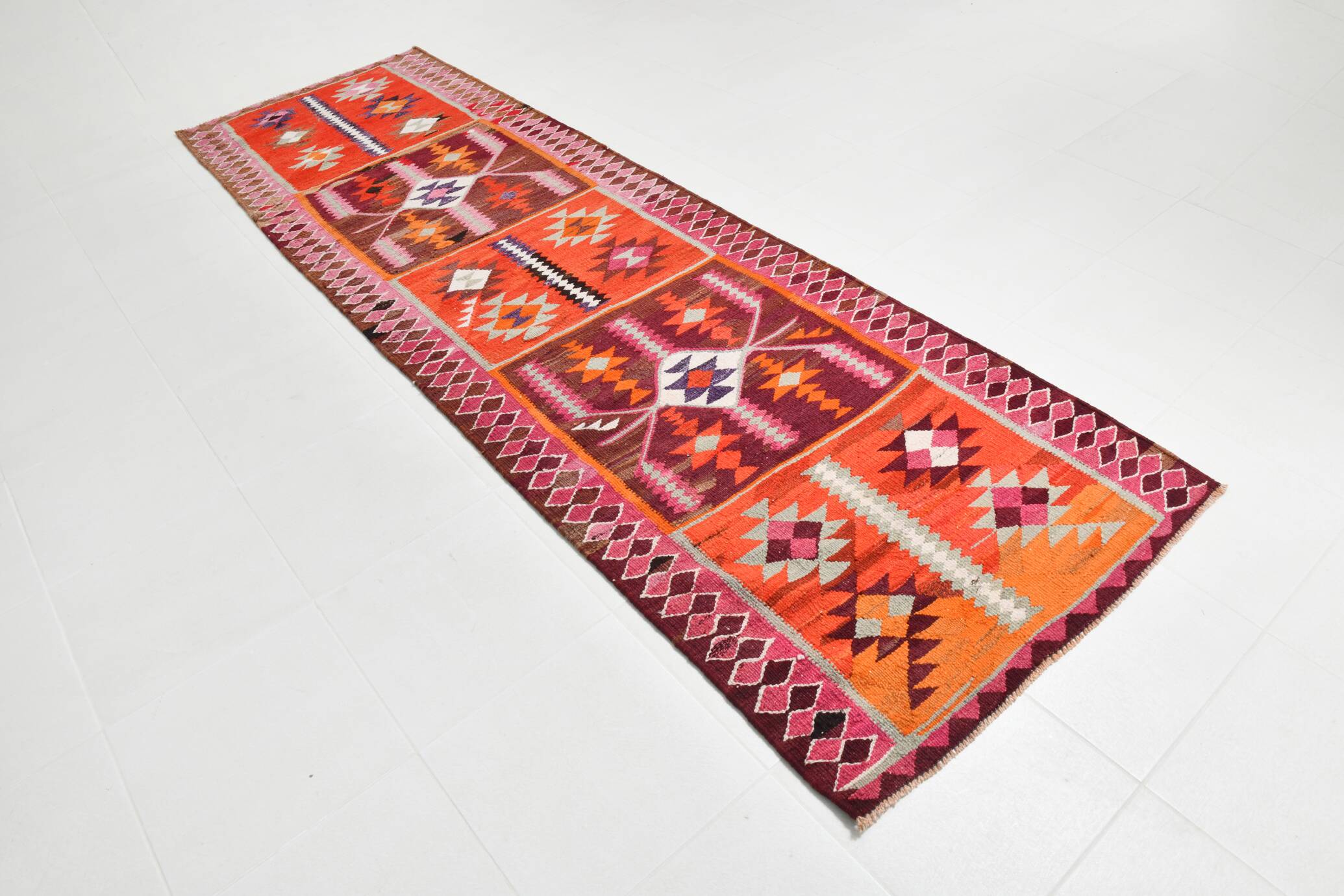 3x11 Pink Brown Vintage Kilim Runner Rug, 104x328Cm
