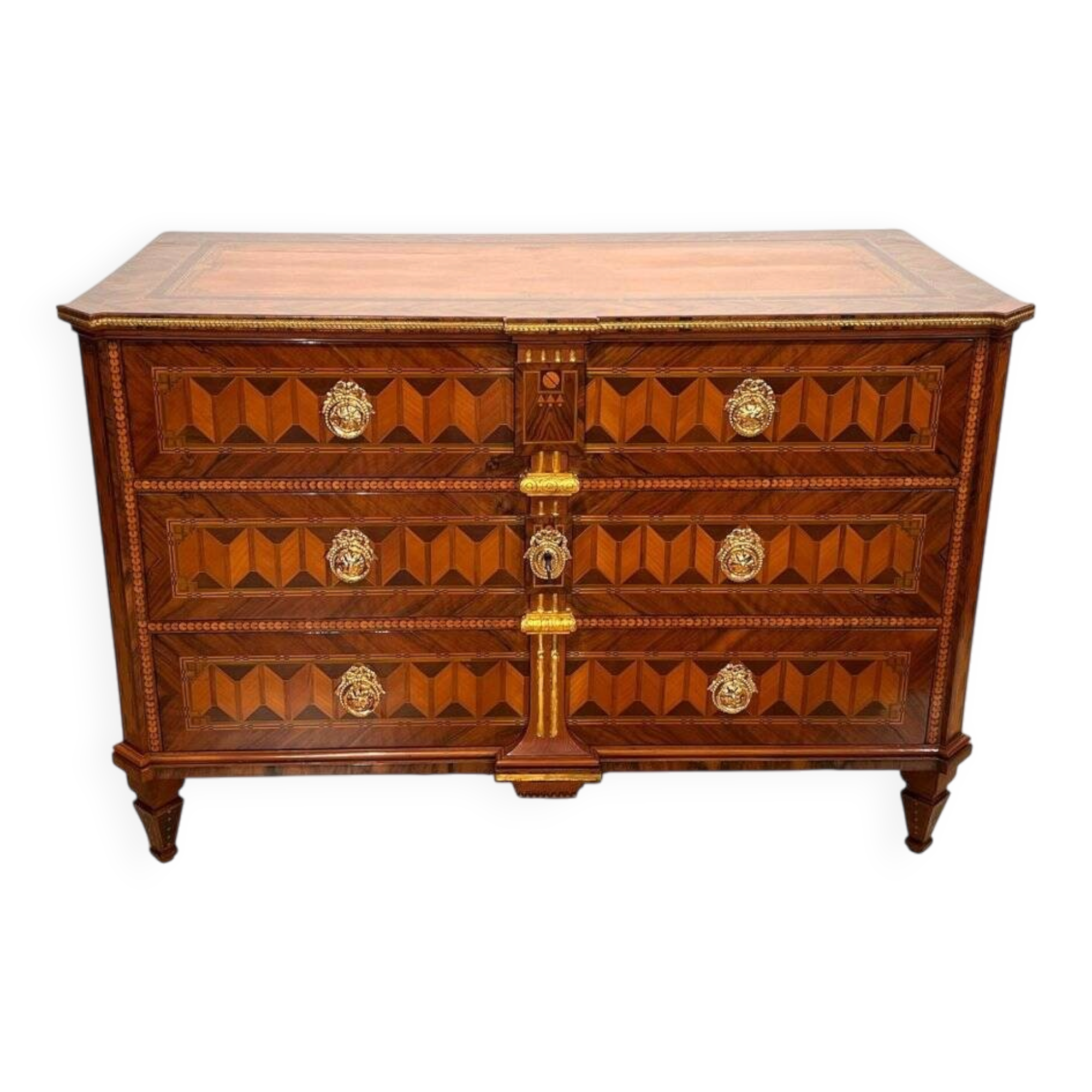 Austrian Louis XVI Commode in Walnut Veneer with Inlays and Gold Plate, 1790s