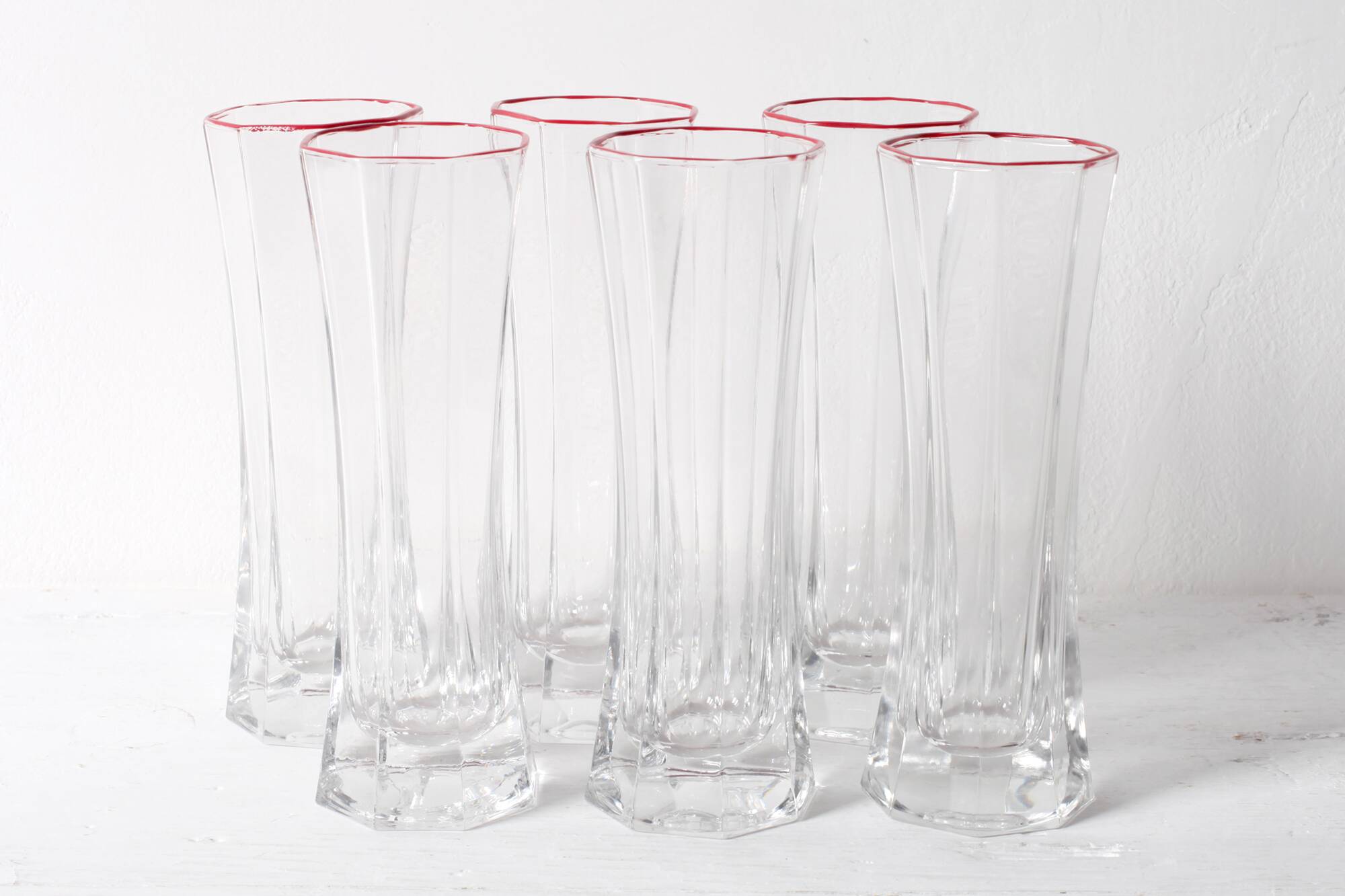 Set of 6 Mid-century Clear Crystal Glasses with Red Rim / Italy / 1980s