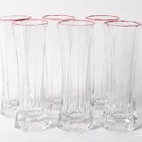 Set of 6 Mid-century Clear Crystal Glasses with Red Rim / Italy / 1980s