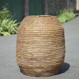Very large old basket, burgundy straw and bramble, woven basket