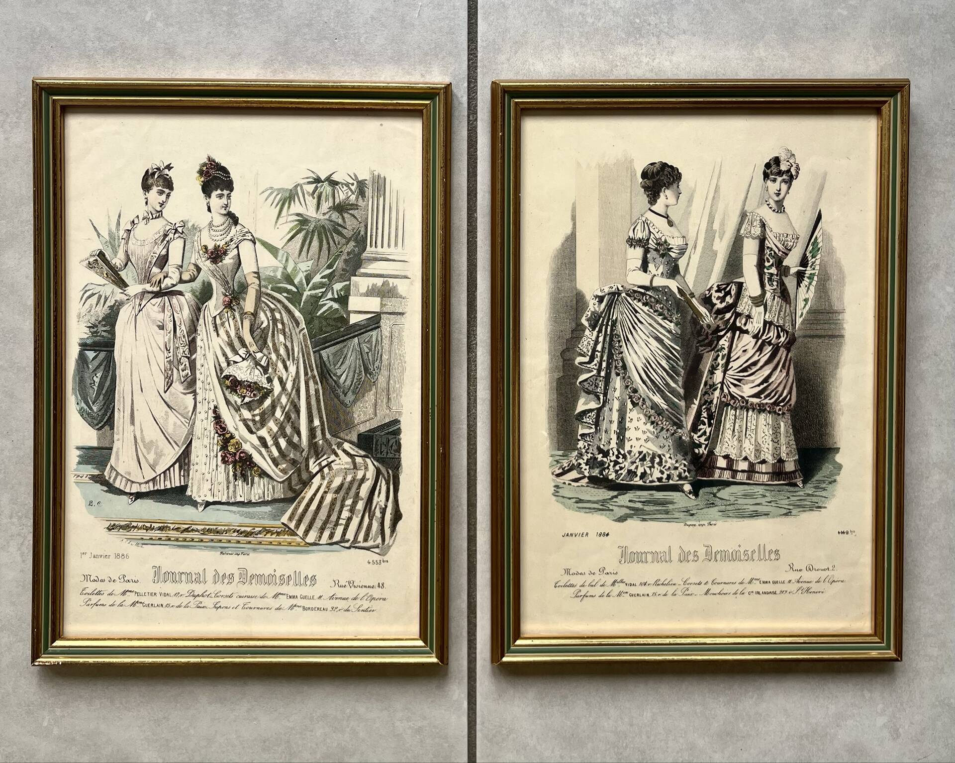 Pair of framed fashion engravings from the 19th century.