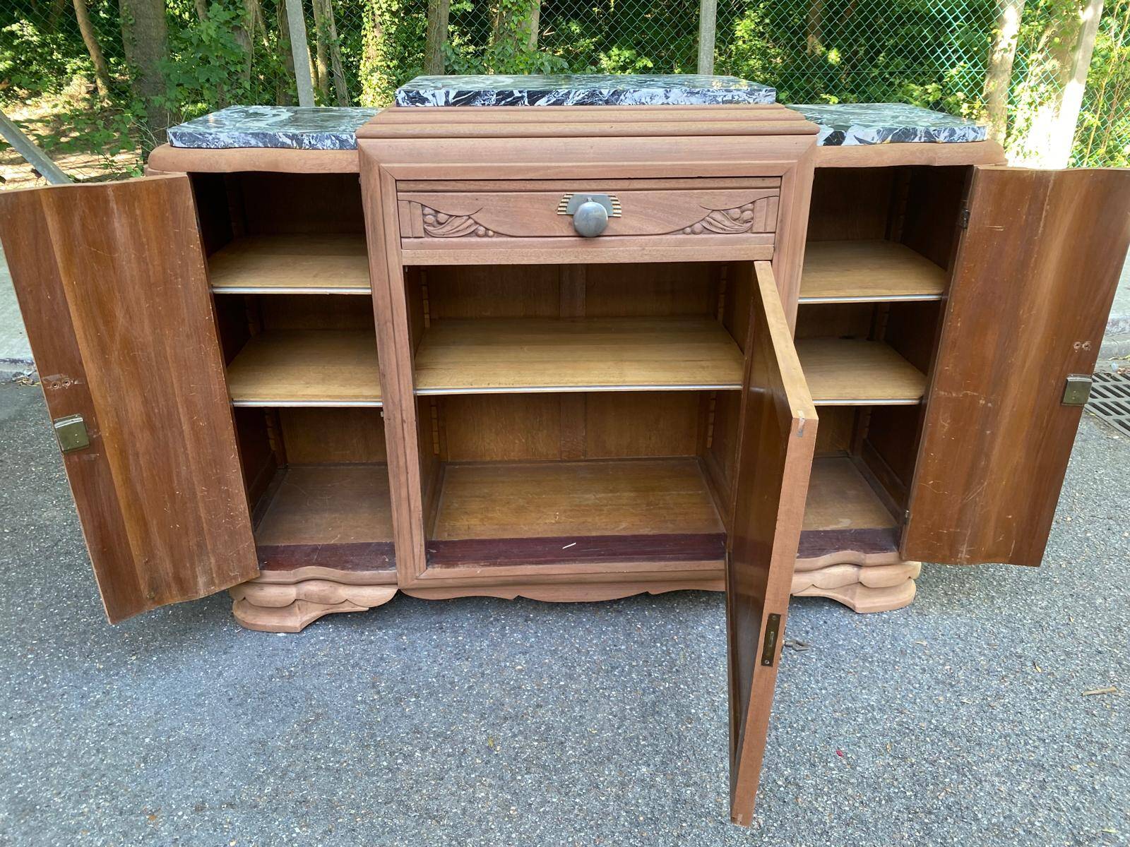 Art Deco sideboard renovated in solid walnut with Saint Laurent marble, 1930.