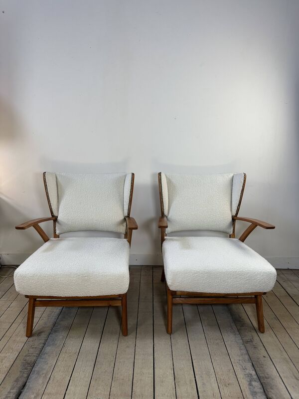 Fauteuils (la paire) bois et tissus bouclés 1950'S