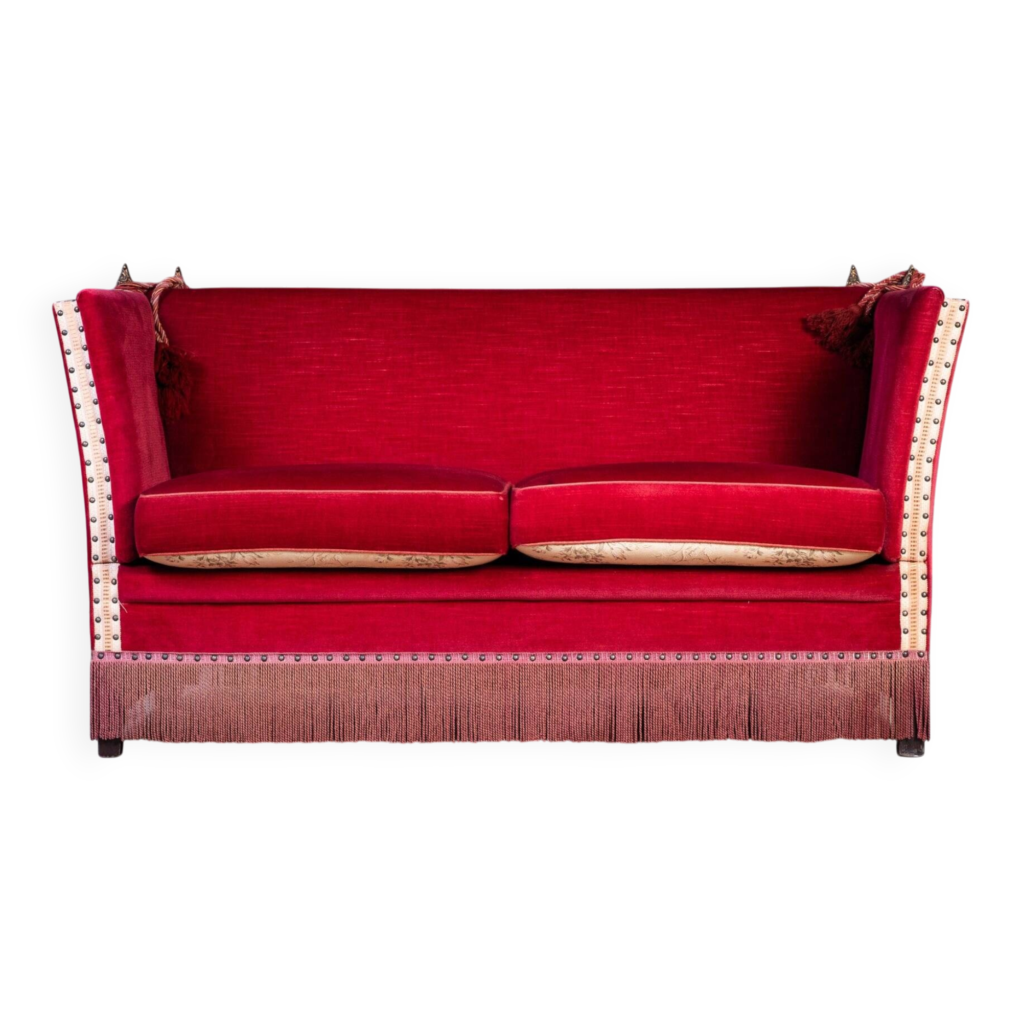 Knole Vintage Canapé in Red Velvet with Floral Cushions, 1950s