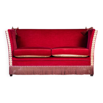 Knole Vintage Canapé in Red Velvet with Floral Cushions, 1950s