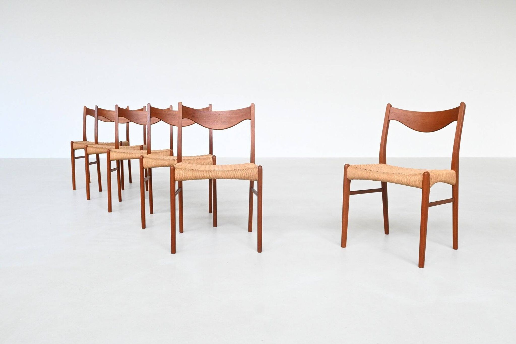 Arne Wahl Iversen set of six dining chairs in teak Glyngore Denmark 1960