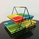 Black metal appetizer set with colorful ceramic ramekins