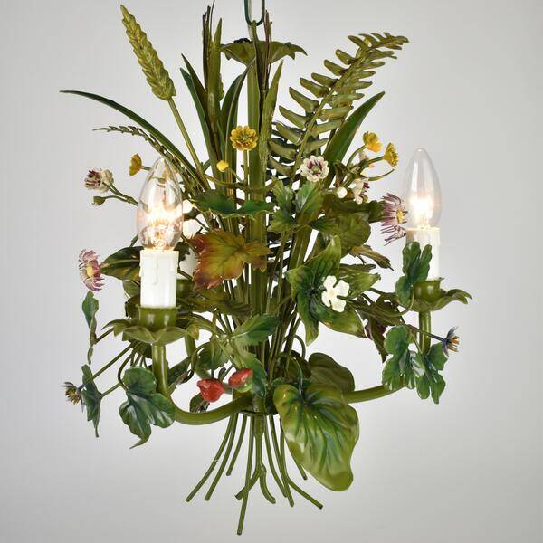 Chandelier vintage en tôle française avec bouquet de fleurs des champs, vert, années 1960 | Style bohème floral de milieu de siècle | Éclectique bohémien | Années 1950