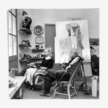 Photographie "Pablo Picasso et son modèle Sylvette David", Vallauris, 1954    /   15 x 15 cm