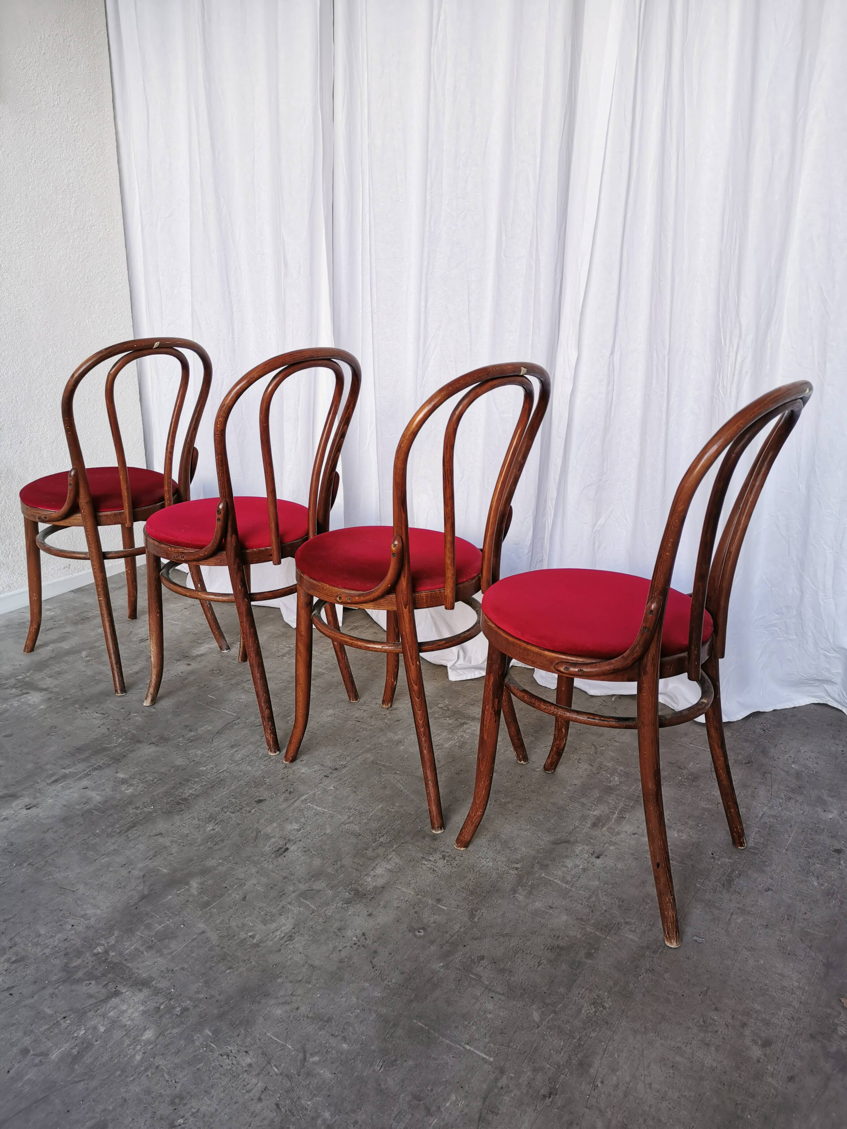Set of 4 Vintage Bentwood Bistro Chairs, Red Upholstery