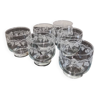 Lot de 6 verres à eau décor raisins et sarment de vigne France